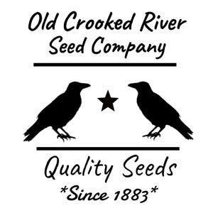 May include: Black and white logo for Old Crooked River Seed Company. The design features two raven silhouettes facing each other, a star, and the text "Quality Seeds *Since 1883*". The company name is arched above the design.