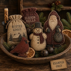 Primitiva julskålsfyllare, Belsnickle-tomten, snögubbe, kardinal (PDF-kit)