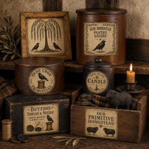 May include: A collection of dark wood storage containers and decor items featuring crow and sheep illustrations. Items include a framed willow tree print, a pantry goods canister, a round box, a candle, a button box, and a primitive homestead crate.