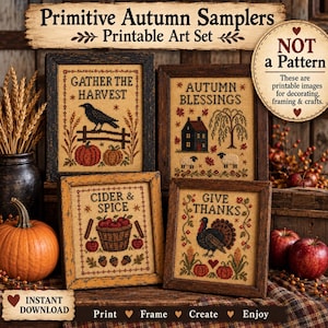 Primitive Fall Sampler Printable Art Bundle, 4 Digital Prints for Framing & Decoupage — NOT a Cross Stitch Pattern