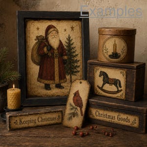 Peut inclure: Une collection de décorations de Noël rustiques comprenant une impression encadrée du Père Noël avec un sac et un sapin, une boîte ronde avec une bougie, une boîte rectangulaire marquée Christmas Goods, une étiquette avec un cardinal et un panneau Keeping Christmas.