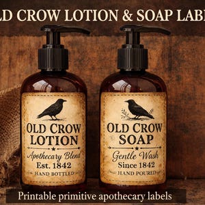 May include: Two brown apothecary bottles with black pumps, labeled "Old Crow Lotion" and "Old Crow Soap." Each label features a black crow illustration and text. The labels read "Apothecary Blend" and "Gentle Wash."