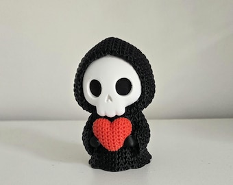 Knitted Grim Reaper with heart, gothic figure, horror gift