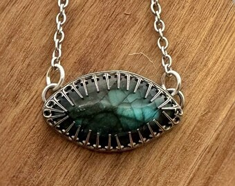 Stunning labradorite eye pendant with ornate bezel - set in sterling silver with 18” chain - elegant and beautiful gift idea!