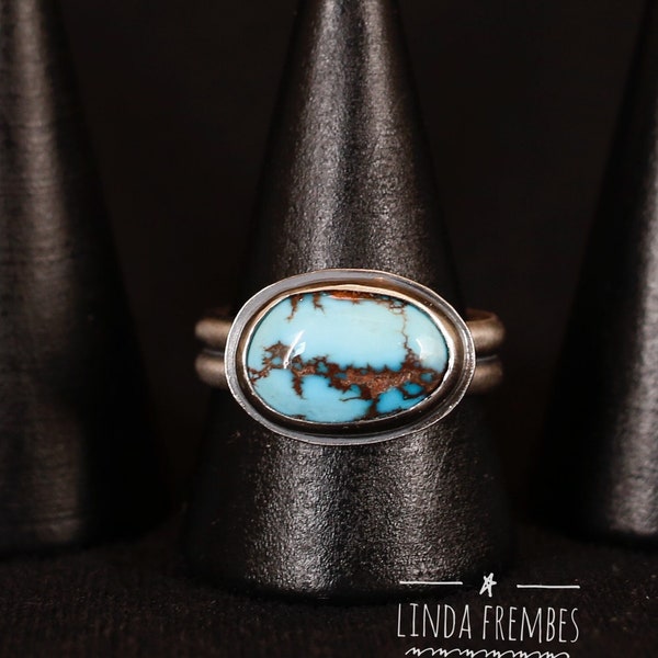 Egyptian turquoise ring set in sterling silver - East-west setting that complements this gorgeous rare stone - US size 9.5 - Made in the USA
