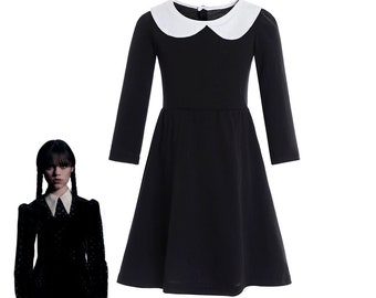 Wednesday Addams Costume Girls Peter Pan Collar Dress Short Sleeve  Halloween Outfit