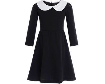 Women Wednesday Addams Cosplay Costume Black Long Sleeve Dress