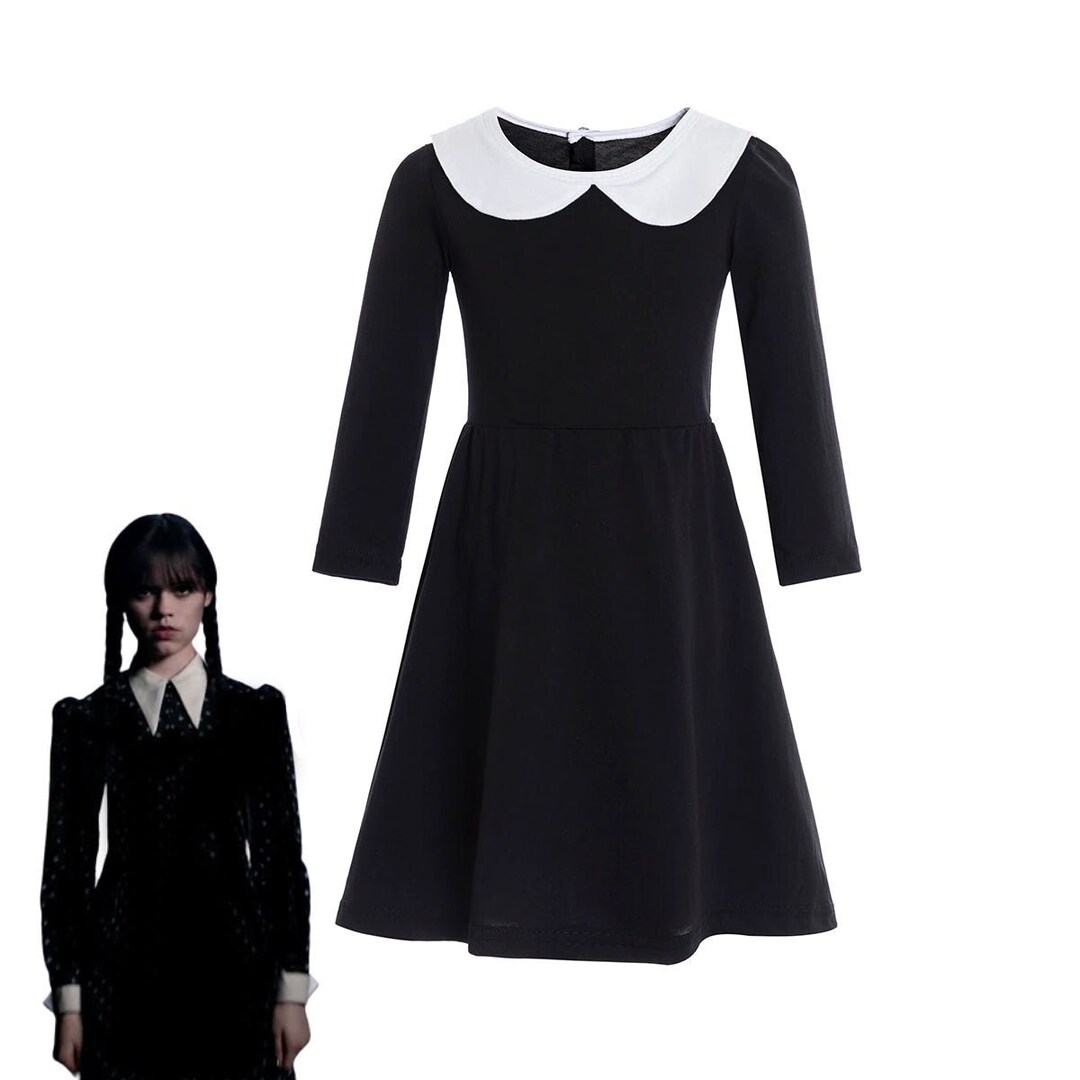 Wednesday Addams Costume Girls Peter Pan Collar Dress Short Sleeve  Halloween Outfit