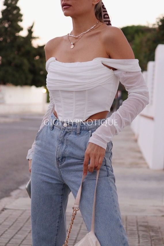 White Corset Top off Shoulder Vintage Overbust 90s Nostalgia