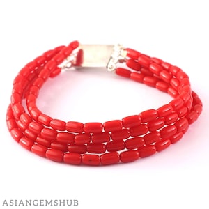 CORAL BRACELET || Natural AAA Red Coral Bracelet, Italian Sea Coral Beads Handmade Dainty Bracelet Gifted Jewelry 7 inch 4 Strand Bracelet