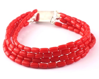 PULSERA DE CORAL // Pulsera de coral rojo natural AAA, pulsera delicada hecha a mano con cuentas de coral marino italiano, joyería ideal para regalar, 18 cm (7 pulgadas), 4 hebras