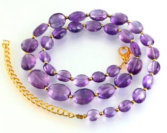 Natural Amethyst Oval Beads Necklace, faceted Beads Handmade Jewelry 16 inches