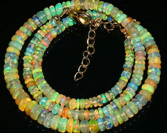Ethiopian Fire Opal Necklace: Genuine Opal Beaded Rondelle Strand, 16 inch