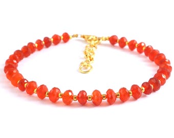 Handmade AAA Carnelian Bracelet: Faceted Rondelle Red Gemstone, 7 inch