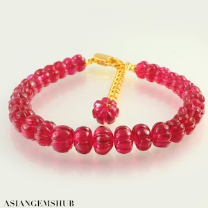 Carved Ruby Melon Bead Bracelet, AAA+ Flawless Gemstone Jewelry, Handmade Gifted bracelet