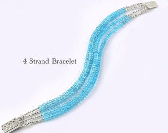 BLUE TOPAZ BRACELET || Natural Sky Blue Topaz Beads Bracelet, Women’s Jewelry Dainty Bracelet, Genuine Topaz Bracelet 4 Strands 7 inches