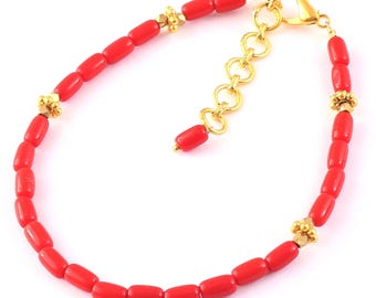 CORAL BRACELET || Natural AAA Red Coral Bracelet, Italian Sea Coral Beads Handmade Dainty Bracelet Gifted Jewelry 7 inch