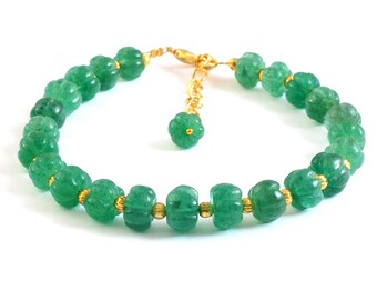 AAA Natural Green Aventurine Bracelet, Aventurine Carved Melon Beads, Genuine Gemstone Bracelet, Birthstone Jewelry Handmade Bracelet 7 inch