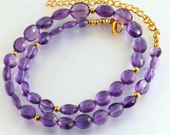 Natural Amethyst Oval Beads Necklace, faceted Beads Handmade Jewelry 16 inches