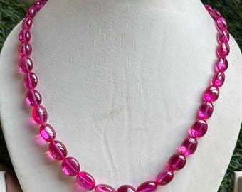 Pink Sapphire Necklace: Handmade Smooth Oval Beads, 18 inch