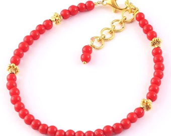 CORAL BRACELET || Natural AAA Red Coral Bracelet, Italian Sea Coral Beads Handmade Dainty Bracelet Gifted Jewelry 7 inch