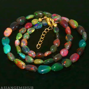 OPAL NECKLACE || Natural Ethiopian Black Opal Necklace, AAA fire Opal Beads Necklace, Women Necklace Gifted Jewelry 16 inches