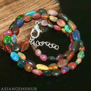 OPAL NECKLACE || Natural Ethiopian Black Opal Necklace, AAA Multi fire Opal Beaded Necklace, Handmade Necklace Gifted Jewelry 16 inches