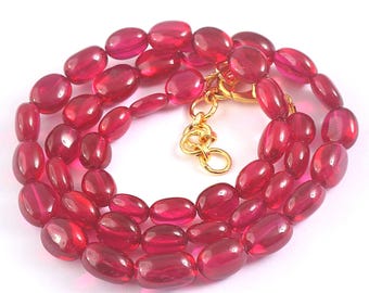AAA Ruby Necklace: Handmade Oval Smooth Beads, 17 Inches