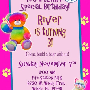 Personalized Customized Build-A-Bear Birthday Invitation - Rainbow Bear and Tiger