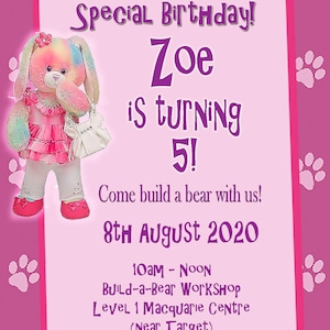 Personalized Customized Build A Bear Birthday Invitation - Pink with Bunny!
