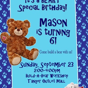 Personalized Customized Build-A-Bear Birthday Invitation in Blue!