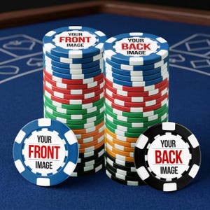 May include: Stacks of poker chips in various colors, including blue, red, green, orange, and black, with white accents. Each chip has the text "YOUR FRONT IMAGE" or "YOUR BACK IMAGE" in a red font. The chips are on a blue felt surface.