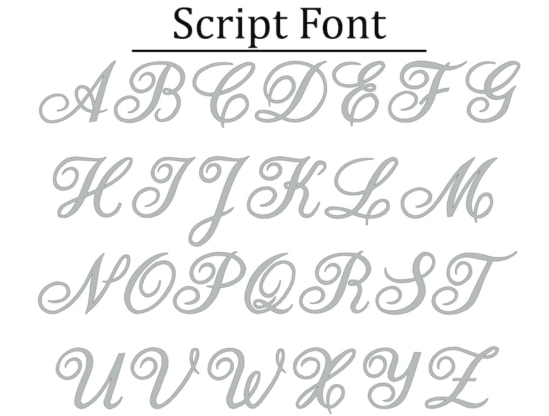 May include: A set of uppercase letters in a script font. The letters are gray and are arranged in alphabetical order.