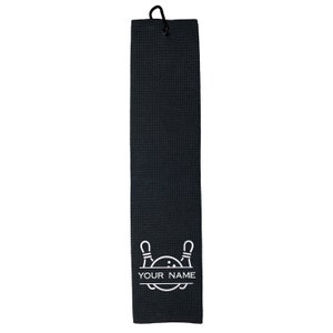 May include: Black golf towel with a white bowling pin and ball design. The towel has a loop for hanging and says "YOUR NAME" in white text.