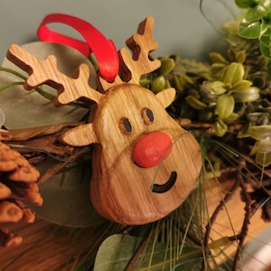 Carved Wooden Reindeer Christmas Ornament - Hand-Painted Holiday Decor - White Oak Craft - Rudolph