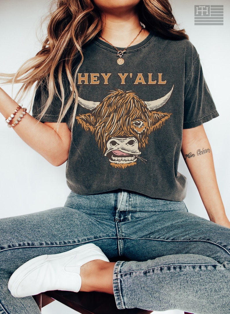Pepper Comfort Colors Highland Cow Shirt ,Cowgirl Rodeo t-shirt, Boho t-shirt, oversized shirt, garment dyed shirt, bull tshirt, hey yall tshirt, cute cow shirt
