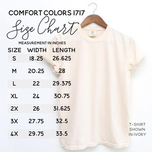 May include: Size chart for a t-shirt in sizes S through 4X. The chart shows the width and length measurements in inches. The t-shirt is shown in ivory.