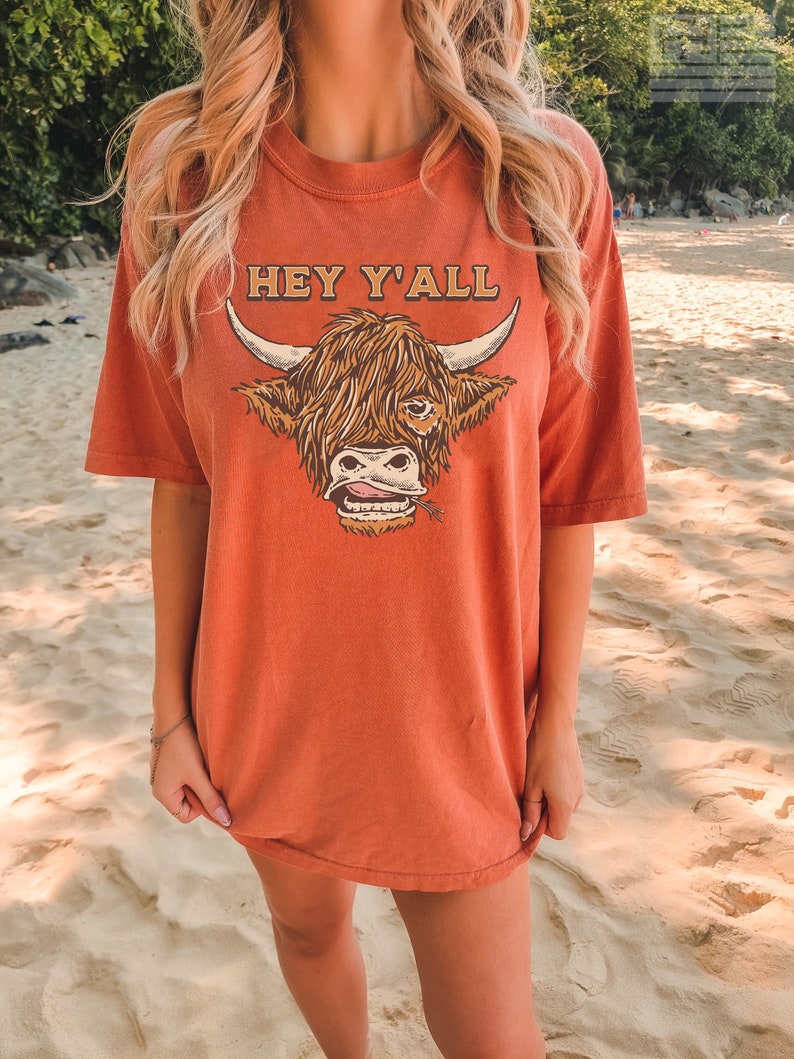 Yam Comfort Colors Highland Cow Shirt ,Cowgirl Rodeo t-shirt, Boho t-shirt, oversized shirt, garment dyed shirt, bull tshirt, hey yall tshirt, cute cow shirt