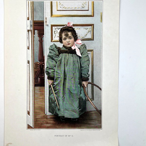 1893 Victorian Color Typogravure Young Girl Green Dress Artist Gabriel Ferrier