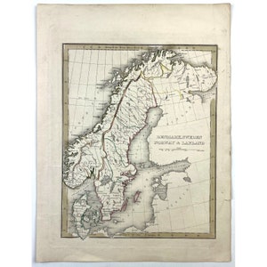 Carte originale de 1835 coloriée à la main de Thomas G. Bradford Danemark Suède Norvège Laponie