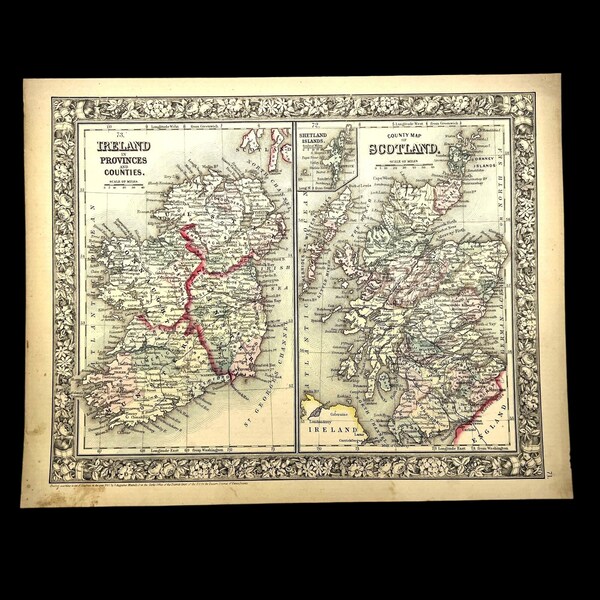 1860 - S. Augustus Mitchell Jr - Antique Hand-Colored Map - Ireland and Scotland