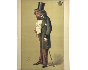 May include: A black and white caricature of a man wearing a top hat, a white shirt with a vest, a dark coat, and striped pants. He is holding a cane and has a large mustache and beard. The image is from the June 18, 1870 issue of Vanity Fair.