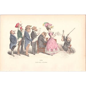 GRANDVILLE - Original Antique Mid-19th Century Hand-Colored Lithograph - LVIII