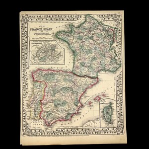 1870 - S. Augustus Mitchell Jr - Carte antique coloriée à la main - France Espagne Portugal