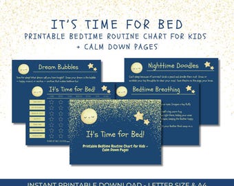 May include: Printable bedtime routine chart for kids with calm down pages. The navy blue charts feature a moon and stars design. The text on the chart includes "Dream Bubbles", "Nighttime Doodles", and "Bedtime Breathing".