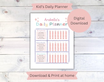 May include: A printable daily planner for kids with a pink background and colorful text. The planner is divided into three sections: Morning Routine, Daytime Routine, and Bedtime Routine. Each section has a list of tasks and a grid for checking off the tasks each day of the week.