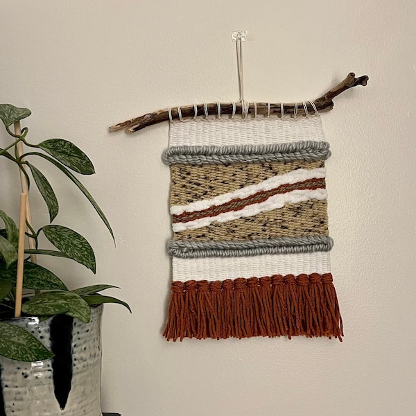 Hand woven tapestry created from yarn and wool with natural driftwood - Cinnamon and Spice