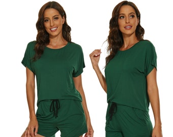 Women's Super Soft Eco Bamboo Pyjama/Loungewear - T-shirt & Shorts Set - Emerald Green - Perfect Christmas Gift For Her