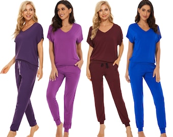 Womens Super Soft Eco Bamboo Pyjama/Loungewear - Short Sleeved Set - Dark Purple, Grape, Berry & Royal Blue - Perfect Christmas Gift For Her