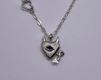 Amethyst Heart Pendant Necklace, Devil Heart, Handmade Jewellery